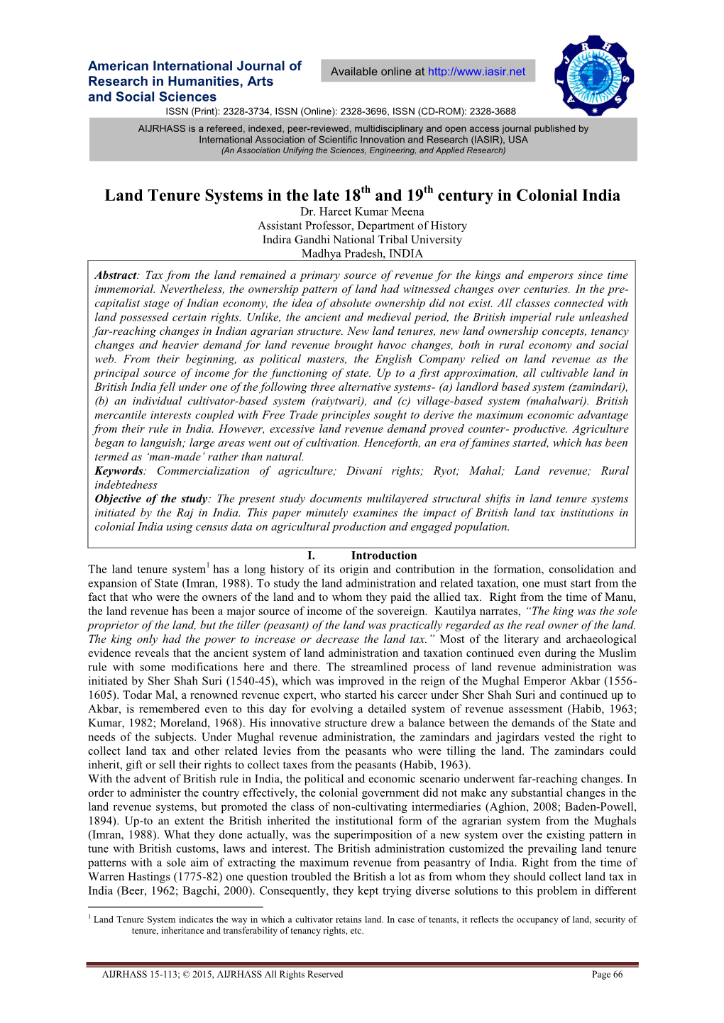Land Tenure Systems in the Late 18 and 19 Century in Colonial India