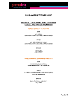 2013 Award Winners List