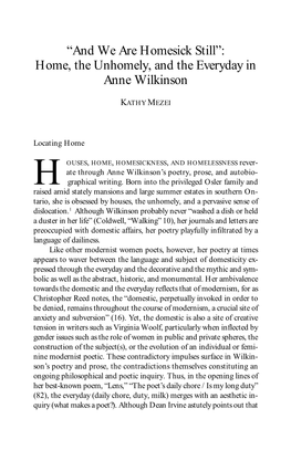 Home, the Unhomely, and the Everyday in Anne Wilkinson