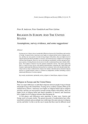RELIGION in EUROPE and the UNITED STATES Assumptions, Survey Evidence, and Some Suggestions1