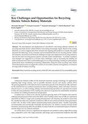 Key Challenges and Opportunities for Recycling Electric Vehicle Battery Materials