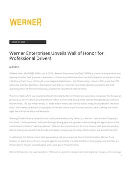 Werner Enterprises Unveils Wall of Honor for Professional Drivers