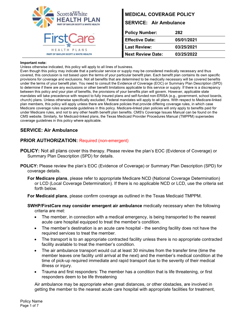 MEDICAL COVERAGE POLICY SERVICE: Air Ambulance