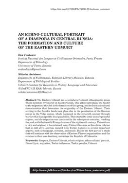 An Ethno-Cultural Portrait of a Diaspora in Central Russia: the Formation and Culture of the Eastern Udmurt