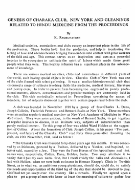 Genesis of Charaka Club, New York and Gleanings Related to Hindu Medicine from the Proceedings
