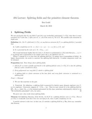 494 Lecture: Splitting Fields and the Primitive Element Theorem