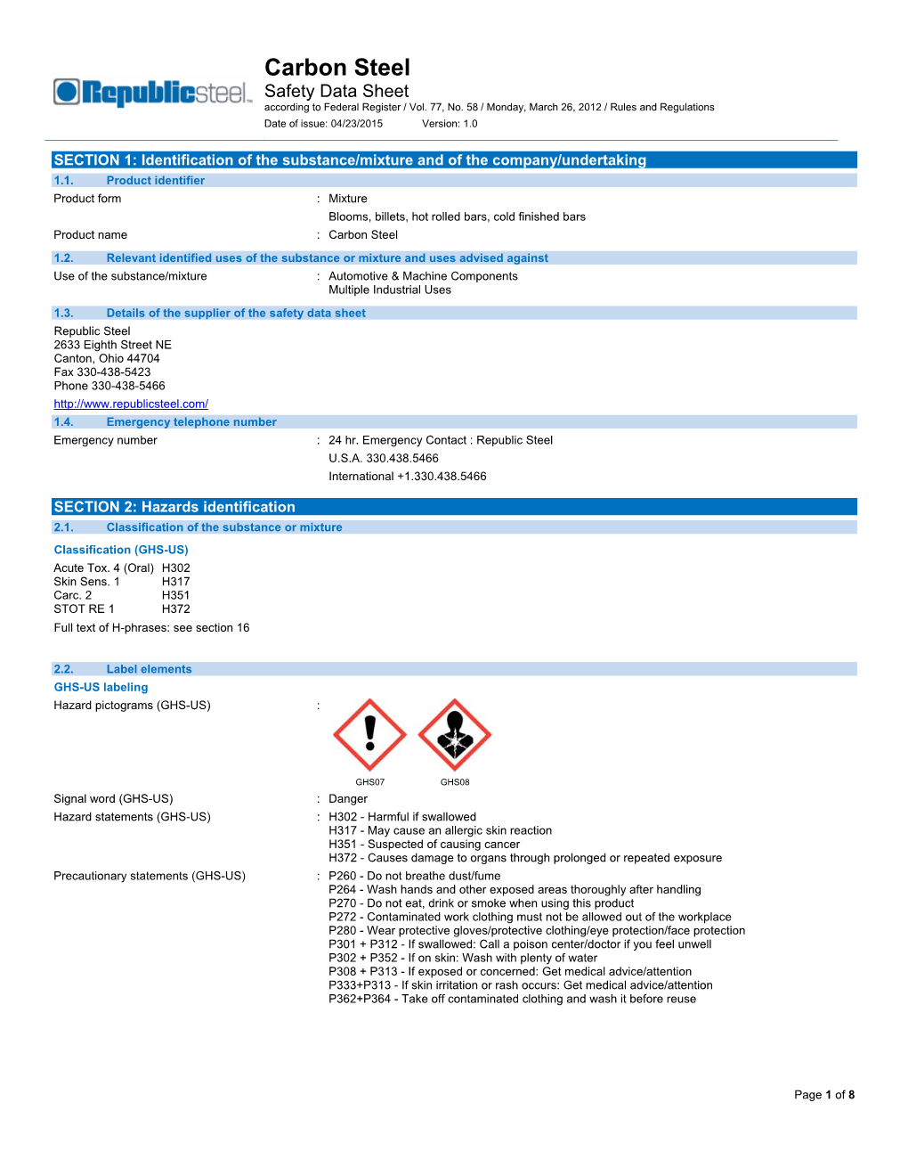 Carbon Steel Safety Data Sheet According to Federal Register / Vol