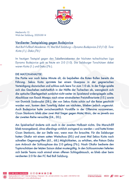 Verdienter Testspielsieg Gegen Budejovice Red Bull Fußball Akademie: FC Red Bull Salzburg ---- Dynamo Budejovice 2:0 (1:0)