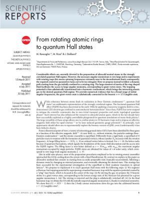 From Rotating Atomic Rings to Quantum Hall States SUBJECT AREAS: M