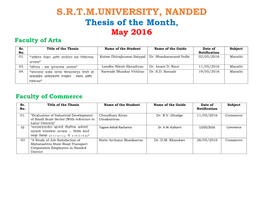 S.R.T.M.UNIVERSITY, NANDED Thesis of the Month, May 2016 Faculty of Arts Sr