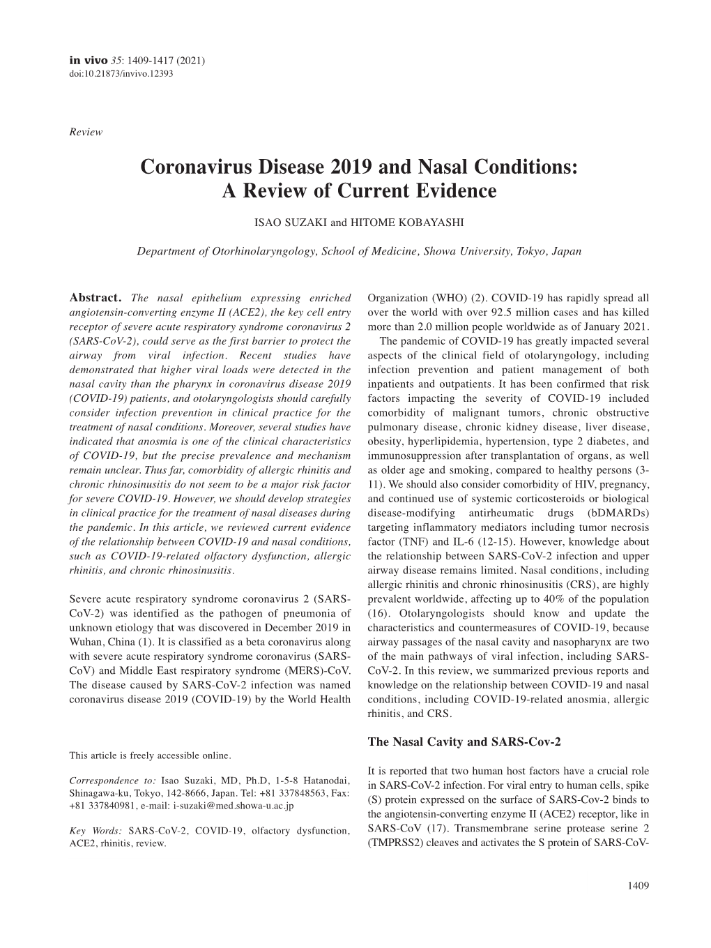 Coronavirus Disease 2019 and Nasal Conditions: a Review of Current Evidence ISAO SUZAKI and HITOME KOBAYASHI