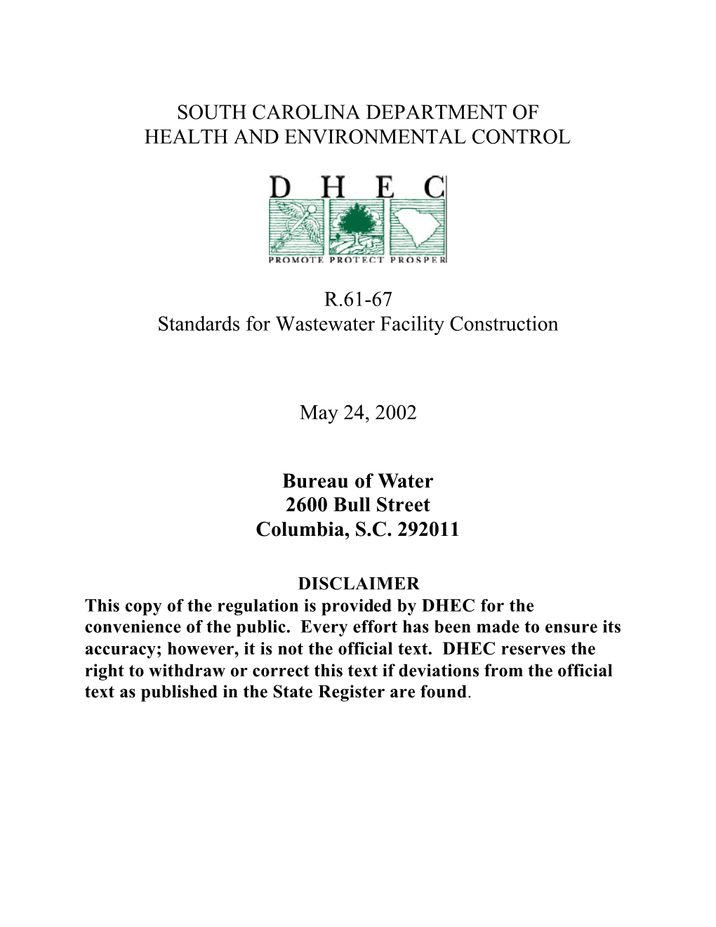 SCDHEC R.61-67, Standards for Wastewater Facility Construction