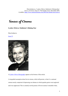Lyubov Orlova: Stalinism’S Shining Star,’ Senses of Cinema, Issue 23: the Female Actor, December 2002