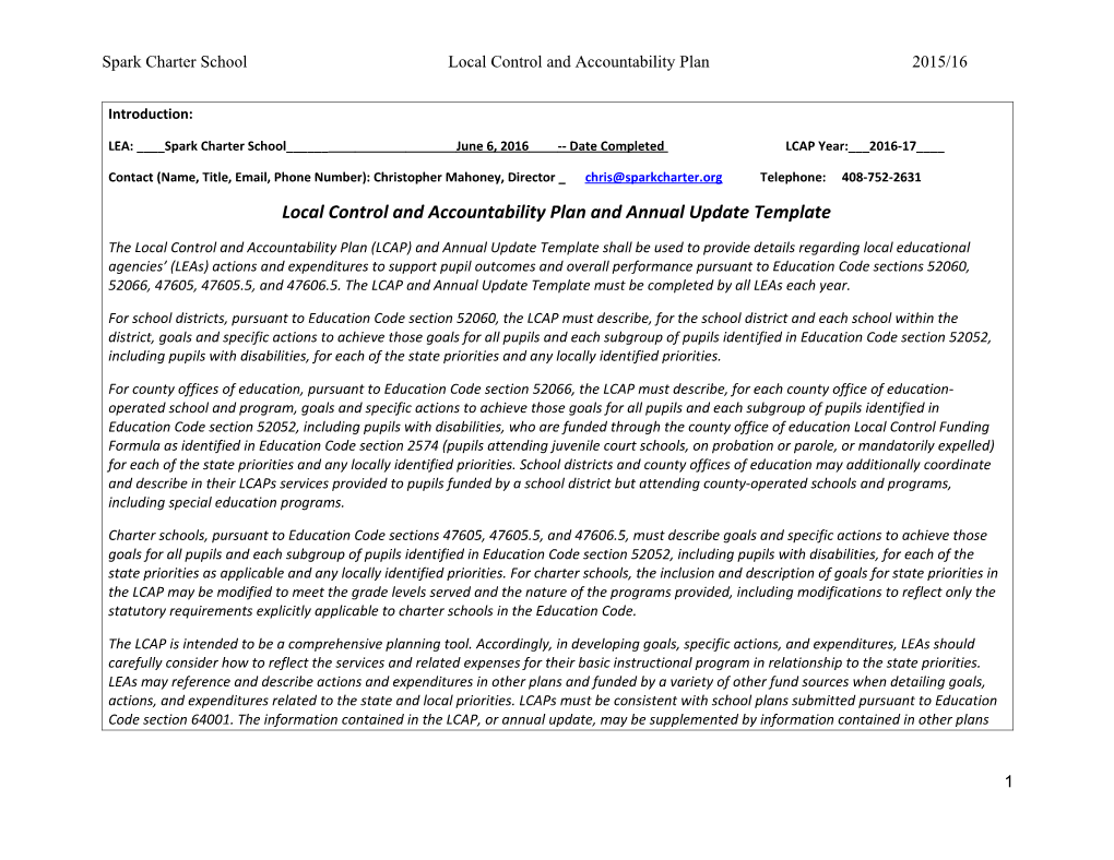 Spark Charter School Local Control and Accountability Plan 2015/16