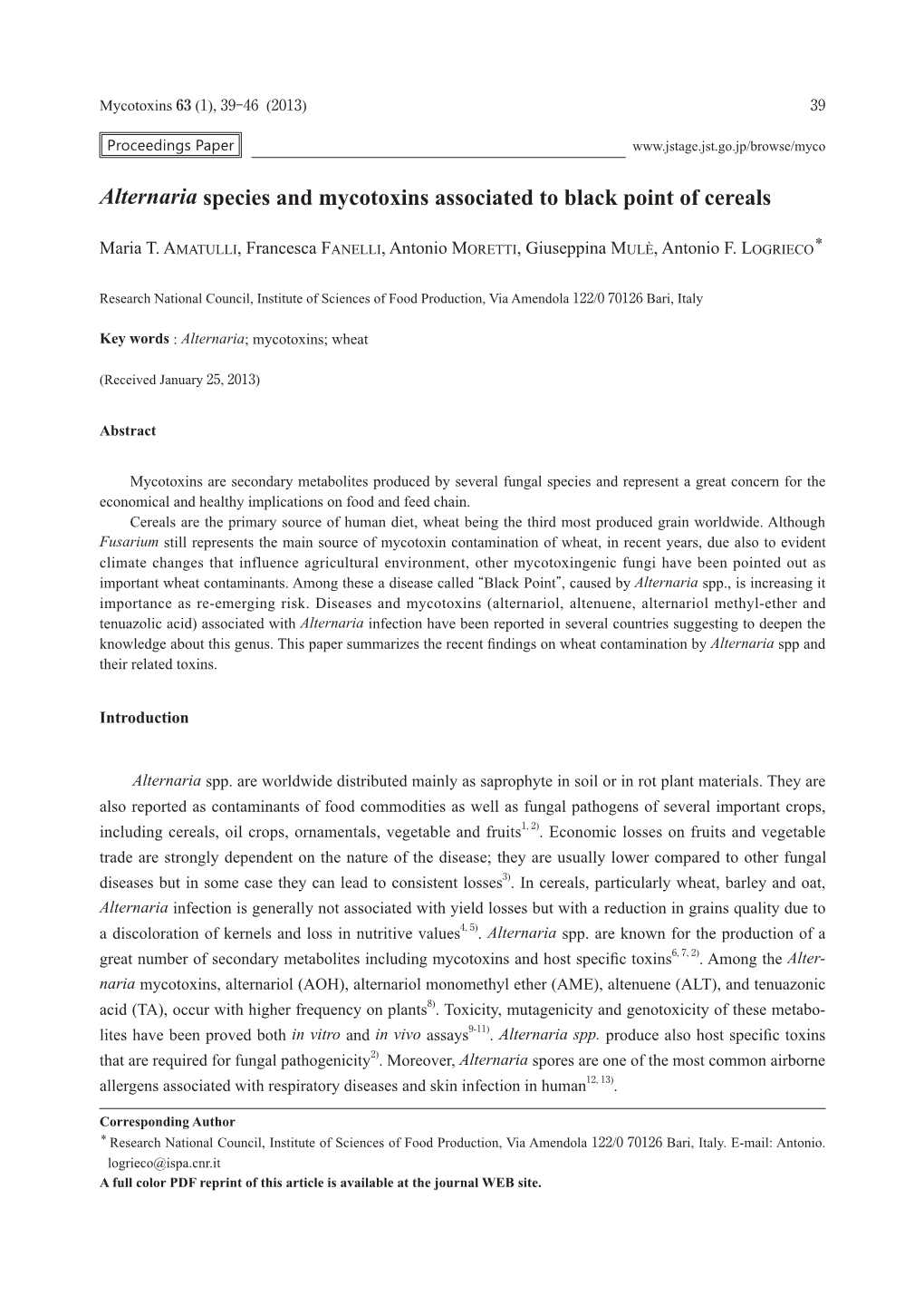 Alternaria Species and Mycotoxins Associated to Black Point of Cereals