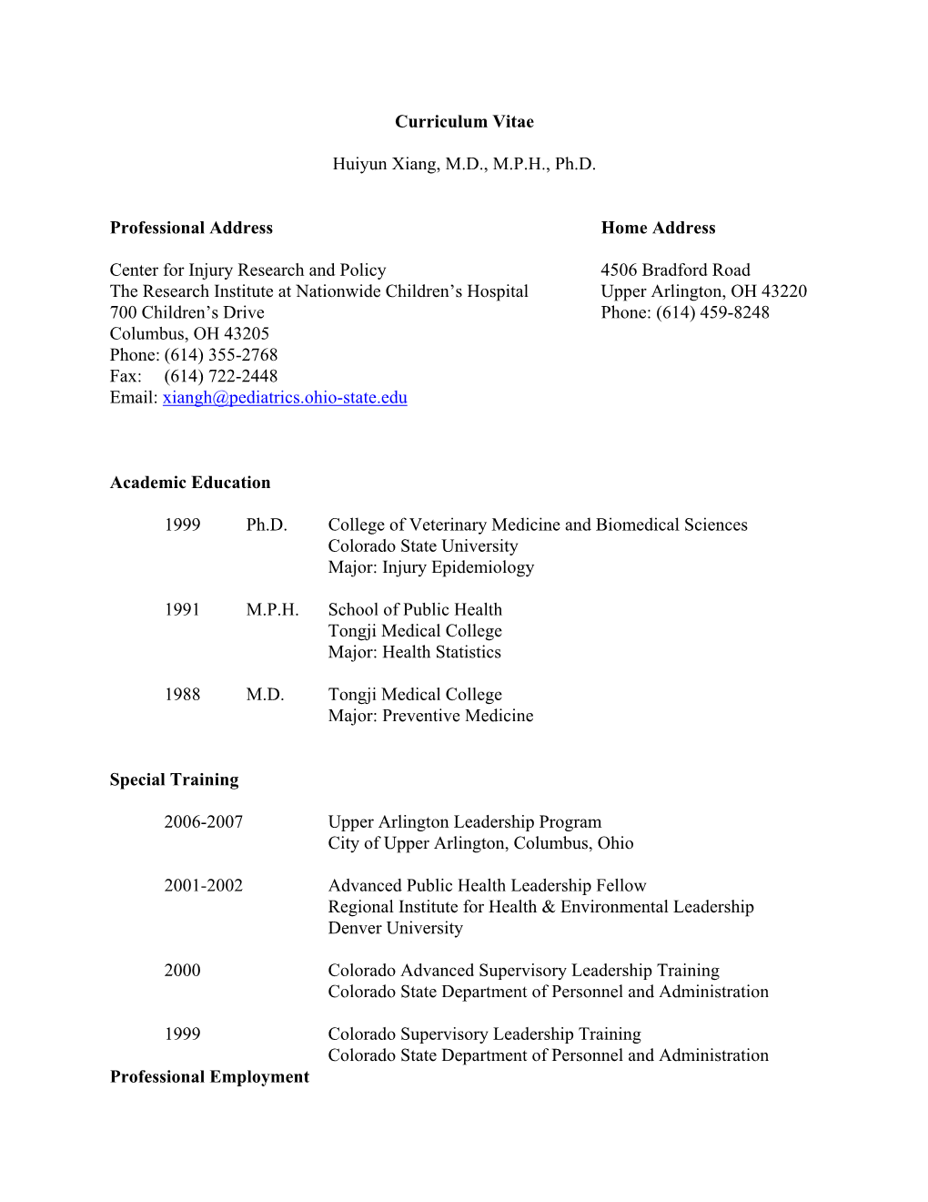 Curriculum Vitae Huiyun Xiang, M.D