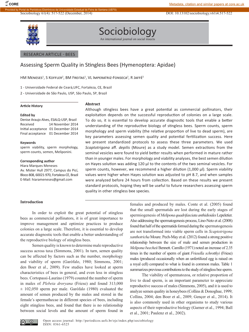 Sociobiology 61(4): 517-522 (December, 2014) DOI: 10.13102/Sociobiology.V61i4.517-522