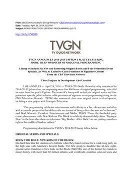 Tvgn Announces 2014-2015 Upfront