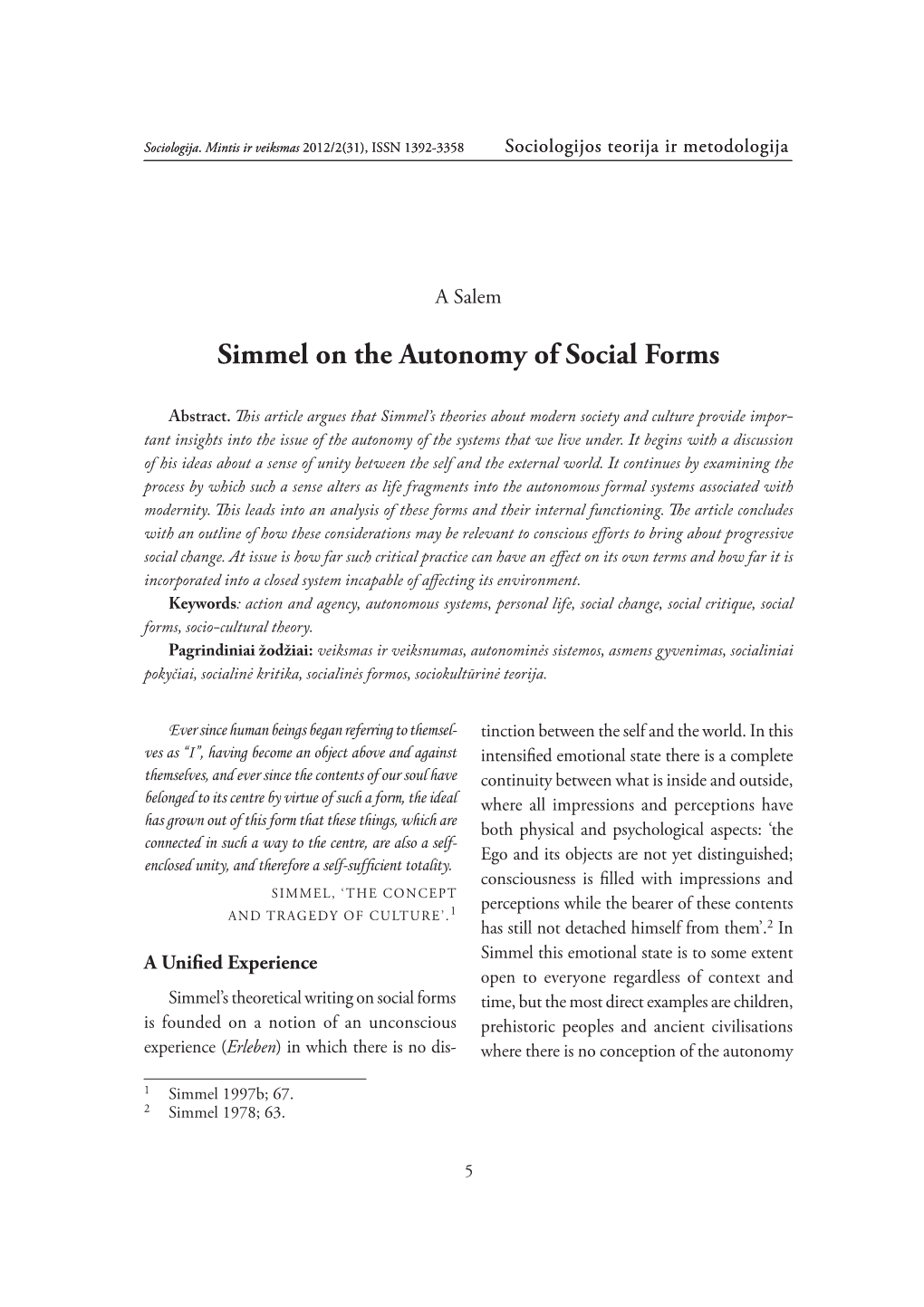 Simmel on the Autonomy of Social Forms