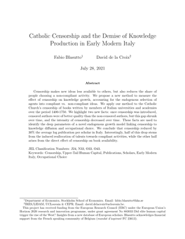 Catholic Censorship and the Demise of Knowledge Production in Early Modern Italy