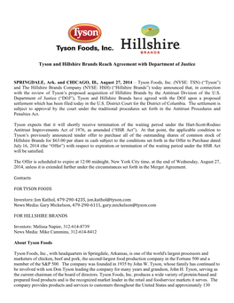 Tyson and Hillshire Brands Reach Agreement with Department of Justice