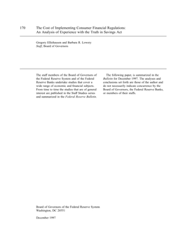 170 the Cost of Implementing Consumer Financial Regulations: an Analysis of Experience with the Truth in Savings Act