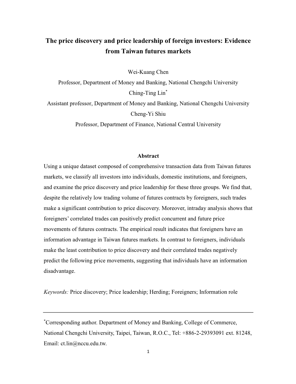 The Price Discovery and Price Leadership of Foreign Investors: Evidence from Taiwan Futures Markets