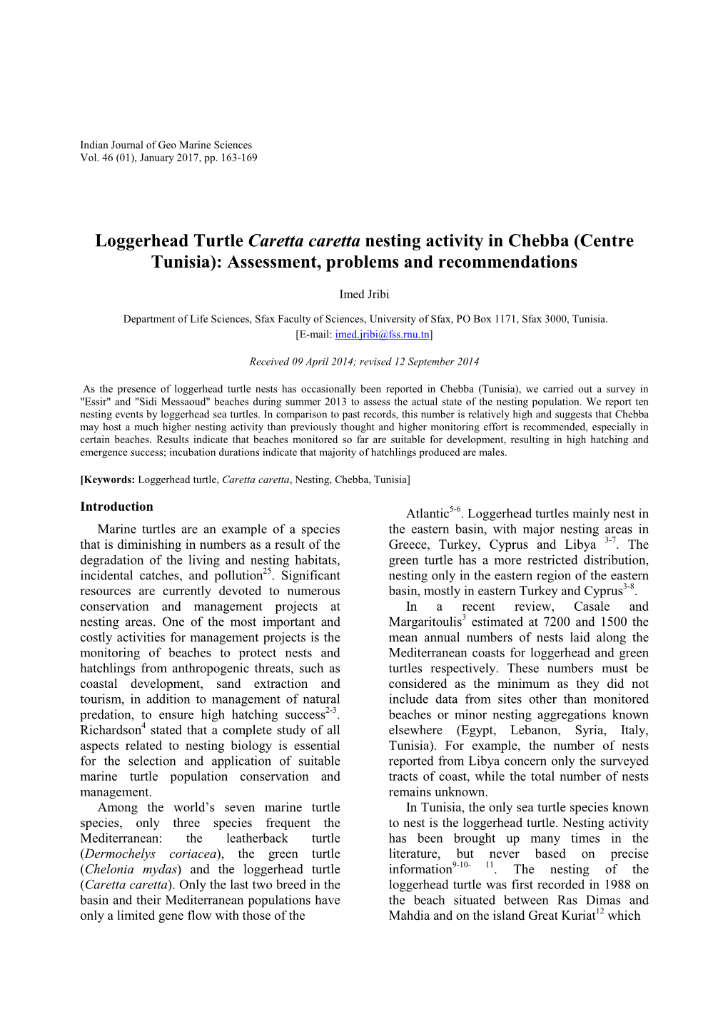 Loggerhead Turtle Caretta Caretta Nesting Activity in Chebba (Centre Tunisia): Assessment, Problems and Recommendations