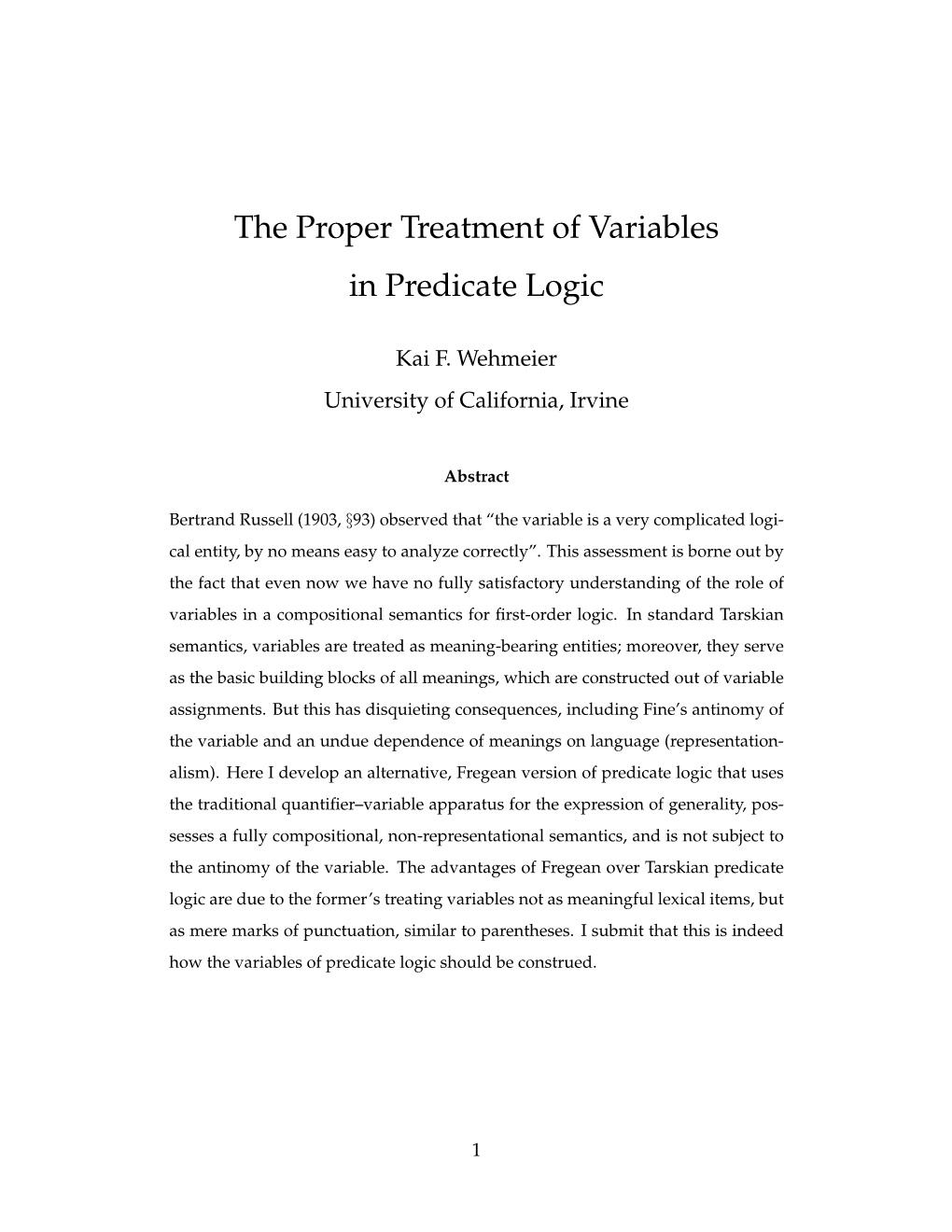 The Proper Treatment of Variables in Predicate Logic