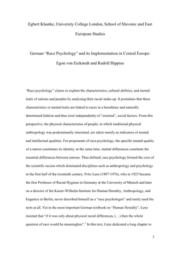 Race Psychology” and Its Implementation in Central Europe
