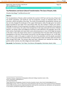 SPECIAL ARTICLE OPEN ACCESS Tea Plantations and Socio-Cultural