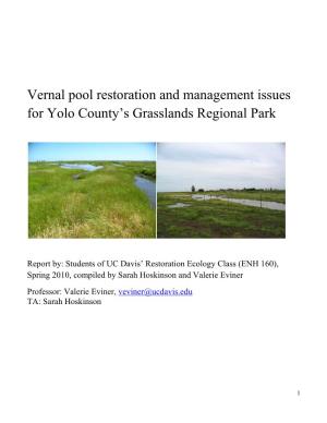 Vernal Pool Restoration and Management Issues for Yolo County’S Grasslands Regional Park