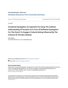 Vocational Apologetics an Argument for Using the Lutheran
