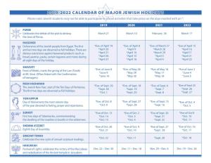 2019-2022 Calendar of Major Jewish Holidays