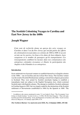 The Scottish Colonising Voyages to Carolina and East New Jersey in the 1680S Joseph Wagner