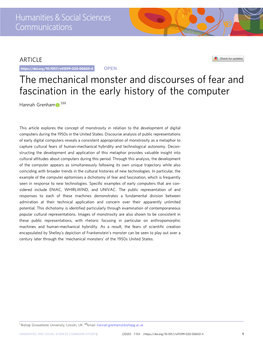 The Mechanical Monster and Discourses of Fear and Fascination in the Early History of the Computer ✉ Hannah Grenham 1