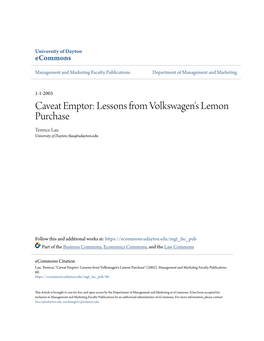 Caveat Emptor: Lessons from Volkswagen's Lemon Purchase Terence Lau University of Dayton, Tlau@Udayton.Edu