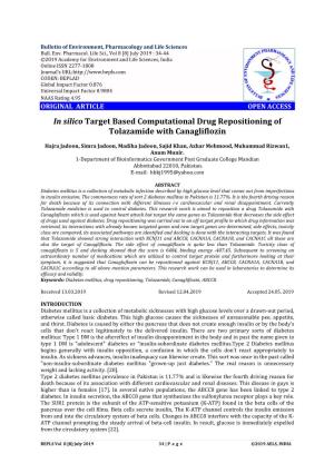 In Silico Target Based Computational Drug Repositioning of Tolazamide with Canagliflozin