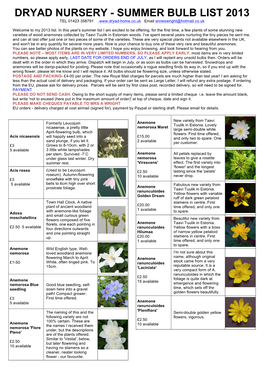 DRYAD NURSERY - SUMMER BULB LIST 2013 TEL 01423 358791 Email Anneswright@Hotmail.Co.Uk