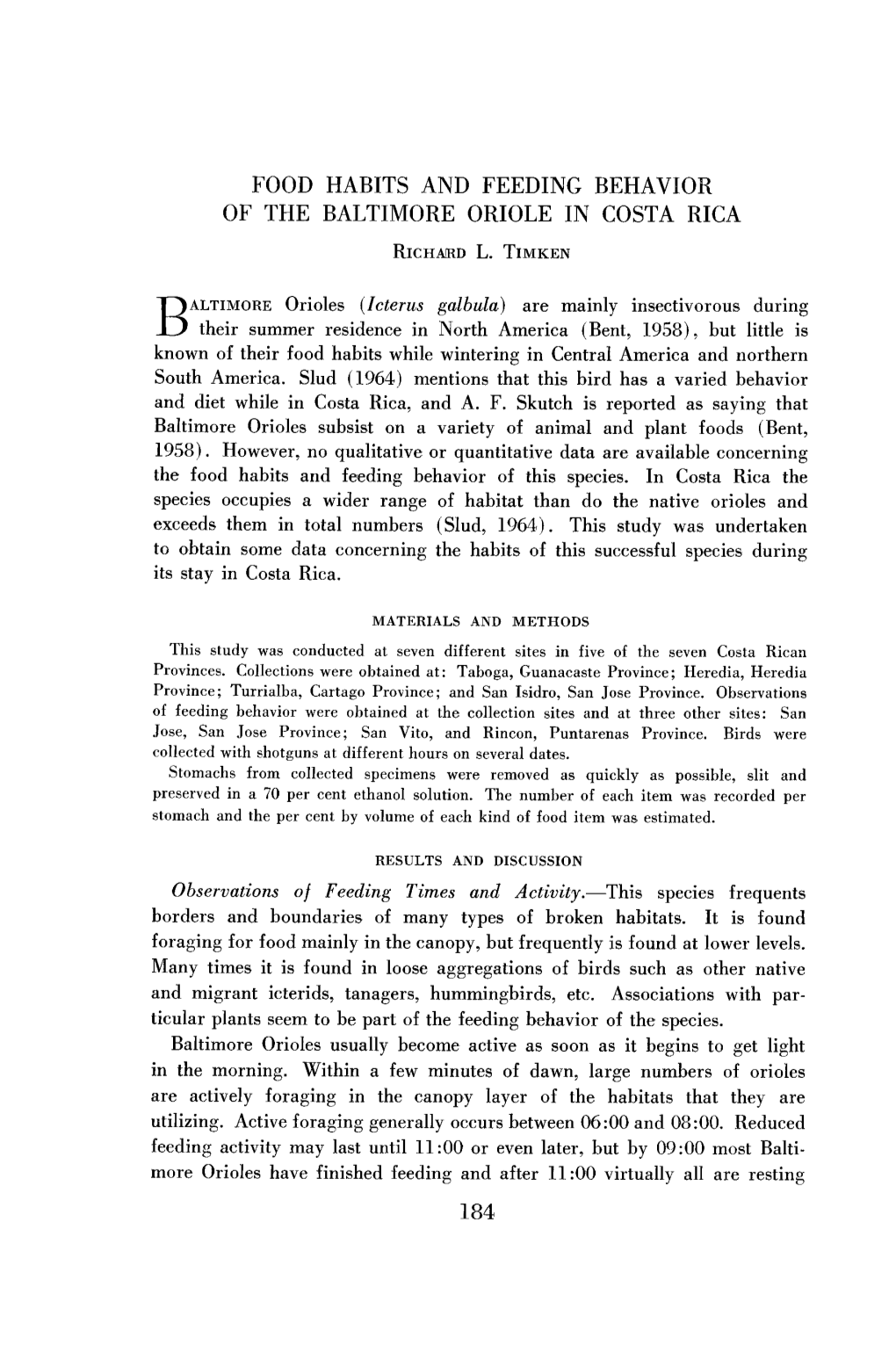 Food Habits and Feeding Behavior of the Baltimore Oriole in Costa Rica