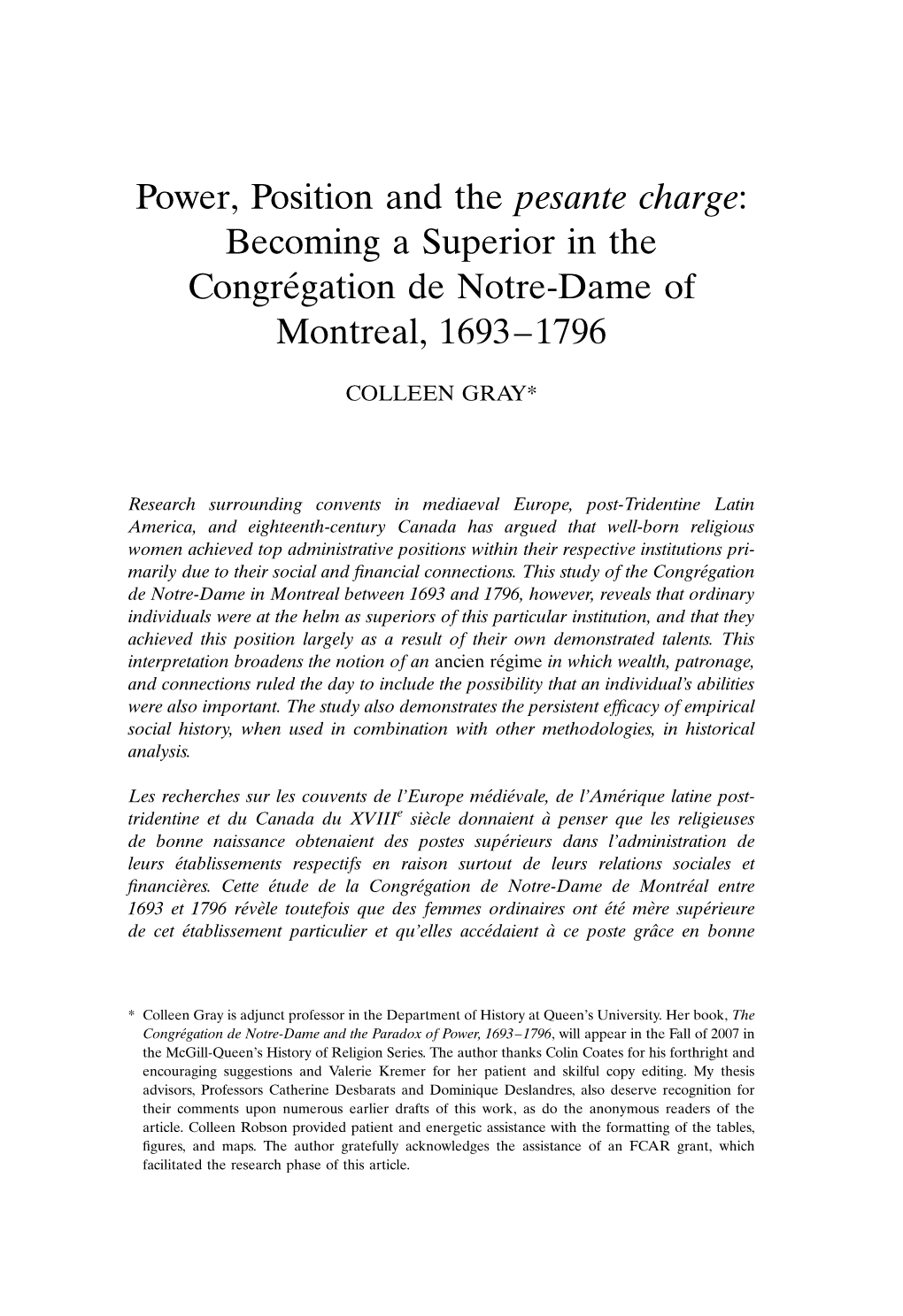 Becoming a Superior in the Congre´Gation De Notre-Dame of Montreal, 1693–1796