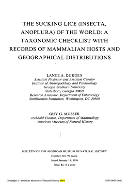 The Sucking Lice (Insecta, Anoplura) of the World: a Taxonomic Checklist with Records of Mammalian Hosts and Geographical Distributions