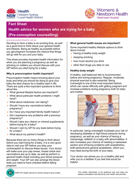 Fact Sheet Health Advice for Women Who Are Trying for a Baby (Pre-Conception Counselling)