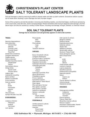 SALT TOLERANT PLANTS Damage Due to Excessive Soil Salt Generally Appears in Mid to Late Summer