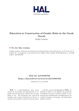 Education As Construction of Gender Roles in the Greek Novels Sophie Lalanne