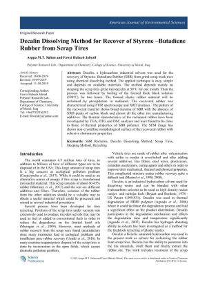 Decalin Dissolving Method for Recover of Styrene –Butadiene Rubber from Scrap Tires