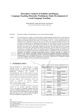 Descriptive Analysis of Syllabus and Rejang Language Teaching Materials: Preliminary Study Development of Local Language Teaching