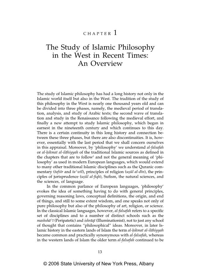 The Study of Islamic Philosophy in the West in Recent Times: an Overview