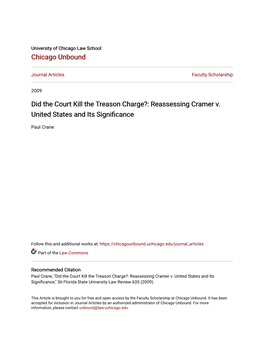Did the Court Kill the Treason Charge?: Reassessing Cramer V