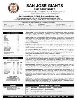 San Jose Giants 2019 Game Notes